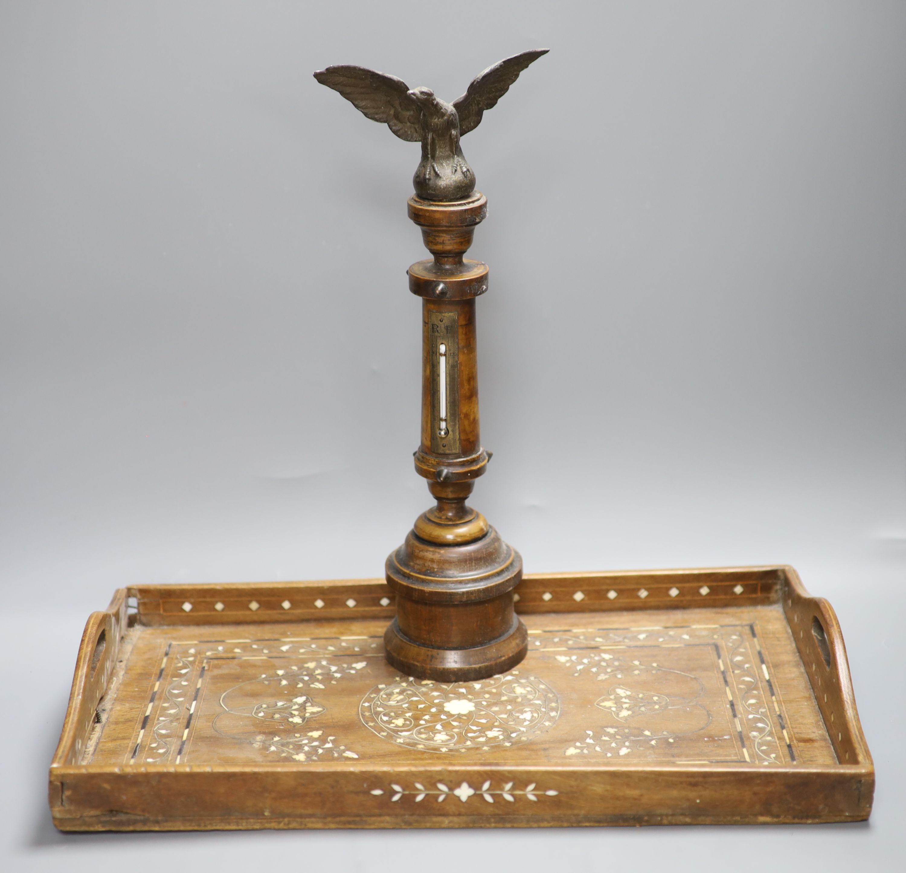 A Victorian eagle surmounted wooden columned table thermometer and an ornate inlaid tray, length 46.5cm